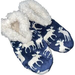 Lazy One Womens Slippers Sz L XL 7-9 Classic Moose Fuzzy Feet Non Slip Blue Navy